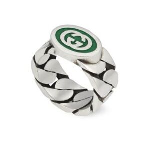 Gucci Silver and Green Women's Ring Size 6